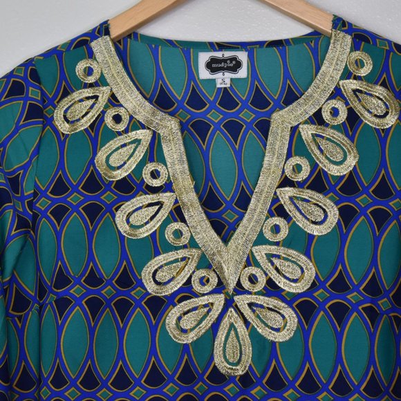 Mud Pie Women's Embroidered Tunic Size Small Flare Sleeve Cover Up Blouse Teal - Picture 5 of 13